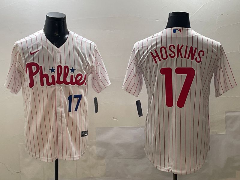 Men Philadelphia Phillies 17 Hoskins White stripe Game 2025 Nike MLB Jersey style 2